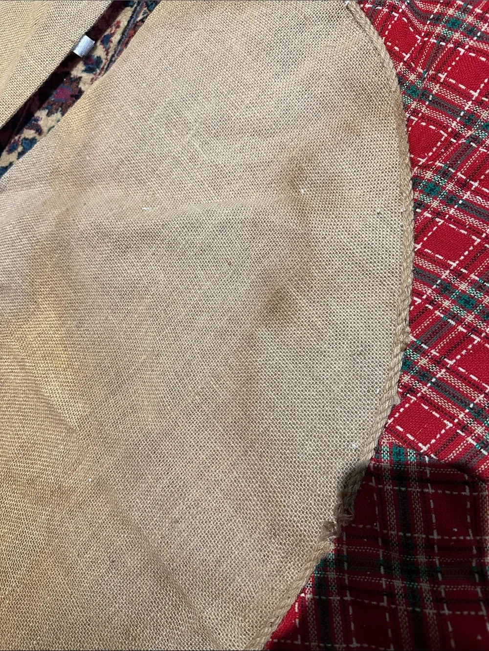 Merry Christmas Burlap Tree Skirt with Red Plaid Trim